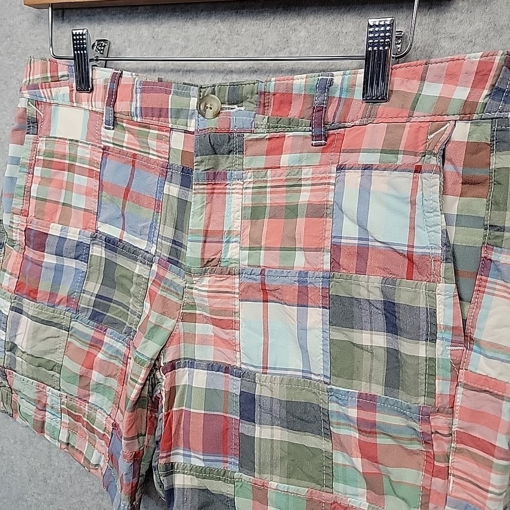 L.L. Bean Patchwork Plaid Cotton Shorts - Coral, Blue, Green - Picture 2 of 10